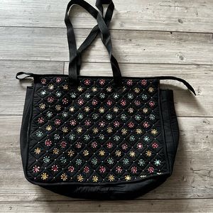 Fabric Tote Bag Black With Tiny Mirror/Pearl Accents Multi Color